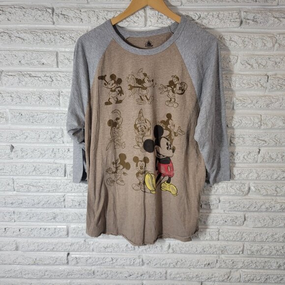 Disney Womens Top XL Tee Raglan Sleeve Mickey Mouse Faded Look Tan NOV141E - Picture 1 of 9
